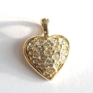 Vintage heart pendant gold tone clear rhinestones charm